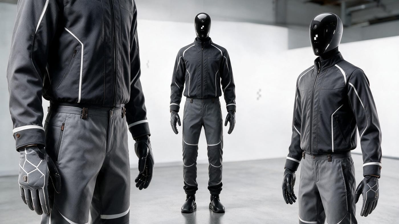 Drei humanoide Roboter unterschiedlicher Bauform in derselben grau-schwarzen Arbeitskleidung, dazu eine Nahaufnahme von Jacke, Hose und Handschuh.
